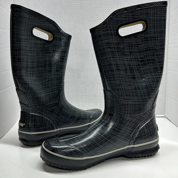 Bogs Rainboots Rubber Pull On Waterproof Boots Plaid Black Gray Women's Size 10 - Picture 4 of 8